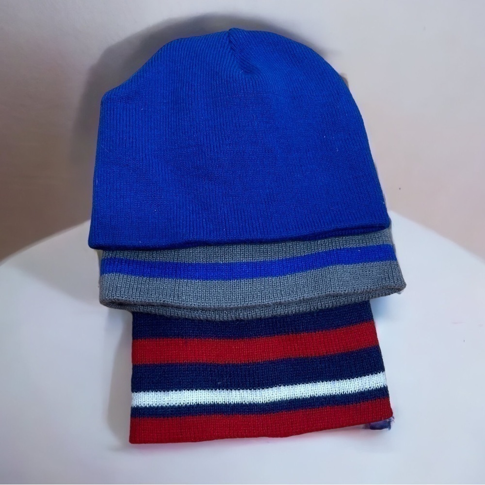 3 Knit Hat Bundle Baby Toddler Boy Blue Red Striped Gray